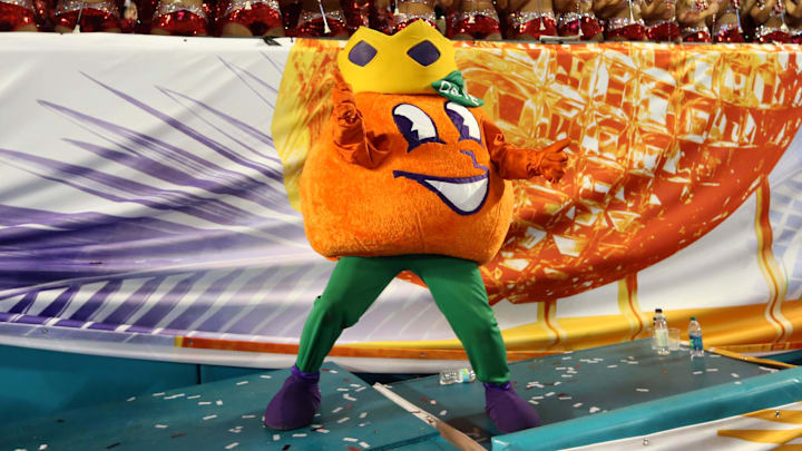 Jan 7, 2013; Miami, FL, USA; Orange Bowl mascot dances with the Alabama Crimson Tide cheerleaders after the 2013 BCS Championship game against the Notre Dame Fighting Irish at Sun Life Stadium. Alabama won 42-14.
