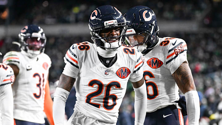 Chicago Bears cornerback Nahshon Wright celebrates after recovering a fumble against the Philadelphia Eagles 