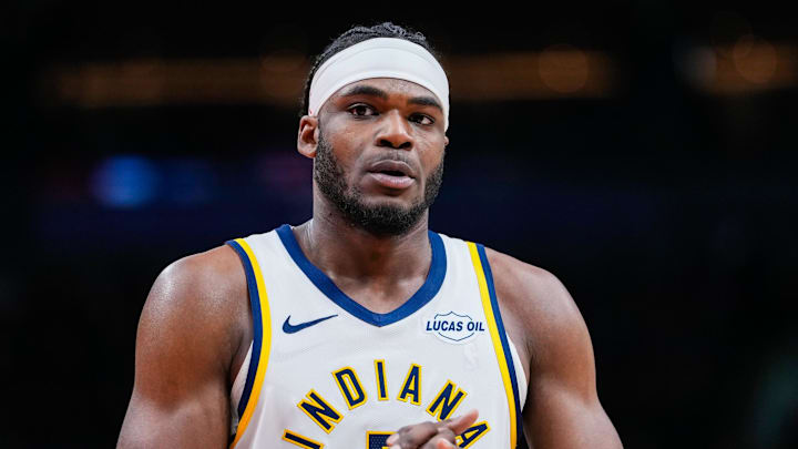 Indiana Pacers forward Jarace Walker (5) looks on against the Toronto Raptors at Scotiabank Arena.