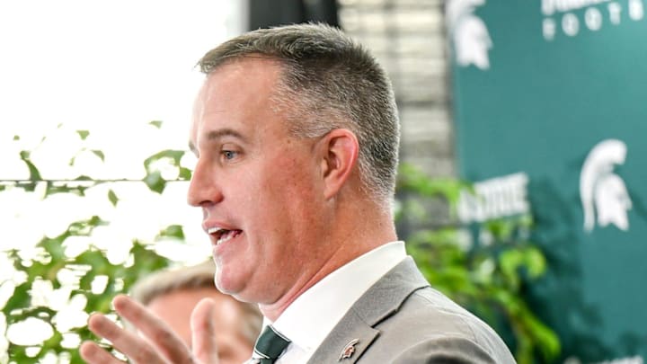 Michigan State's new football coach Pat Fitzgerald speaks during his introductory press conference on Tuesday, Dec. 2, 2025, at the Tom Izzo Football Building in East Lansing.