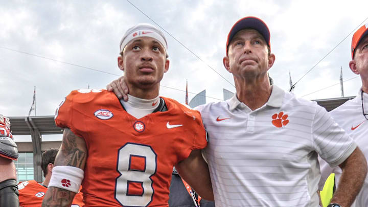 Clemson Tigers cornerback Avieon Terrell stands with head coach Dabo Swinney after losing to the Syracuse Orange 
