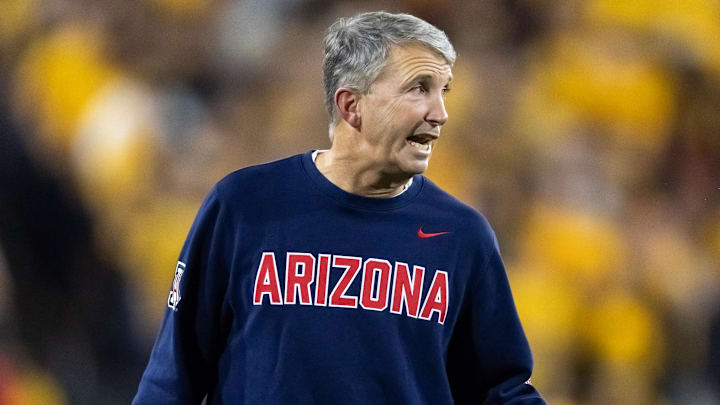 Nov 28, 2025; Tempe, Arizona, USA; Arizona Wildcats head coach Brent Brennan against the Arizona State Sun Devils during the 99th Territorial Cup at Mountain America Stadium. Mandatory Credit: Mark J. Rebilas-Imagn Images