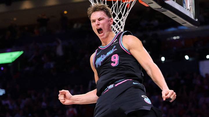 Miami Heat guard Pelle Larsson (9) reacts after a dunk (Mandatory Credit: Sam Navarro-Imagn Images)