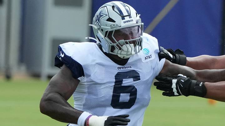 Dallas Cowboys linebacker Donovan Ezeiruaku during a joint practice with the Los Angeles Rams. Dallas Cowboys linebacker Donovan Ezeiruaku during a joint practice with the Los Angeles Rams.
