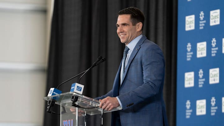 General Manager Joe Schoen delivers welcoming remarks during a press conference introducing new Head Coach John Harbaugh at the Quest Diagnostics Training Center in East Rutherford on Tuesday, Jan. 20, 2025.