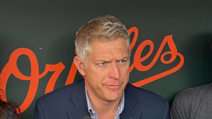 Baltimore Orioles general manager Mike Elias speaks to the media.
