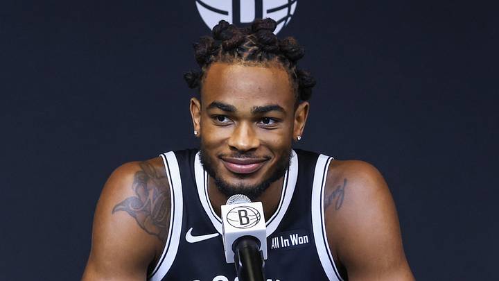 Sep 23, 2025; Brooklyn, NY, USA;  Brooklyn Nets center Nic Claxton (33) speaks at Media Day. Mandatory Credit: Wendell Cruz-Imagn Images