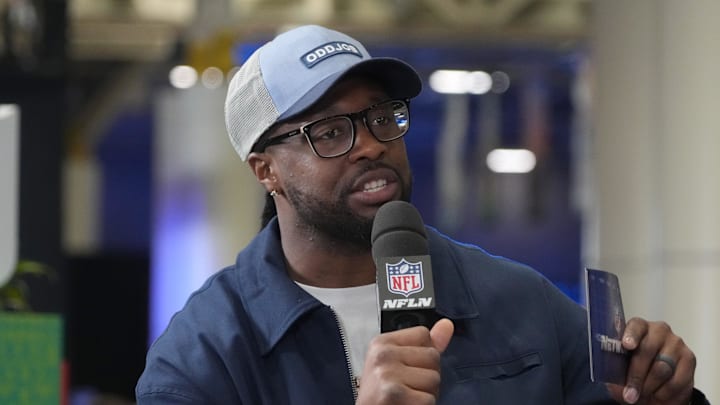 Gerald McCoy on the NFL Network set on Radio Row at the Super Bowl LIX media center. 