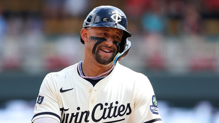 Aug 17, 2025; Minneapolis, Minnesota, USA; Minnesota Twins third baseman Royce Lewis (23) runs the bases after hitting a solo home run against the Detroit Tigers during the second inning at Target Field. Mandatory Credit: Matt Krohn-Imagn Images