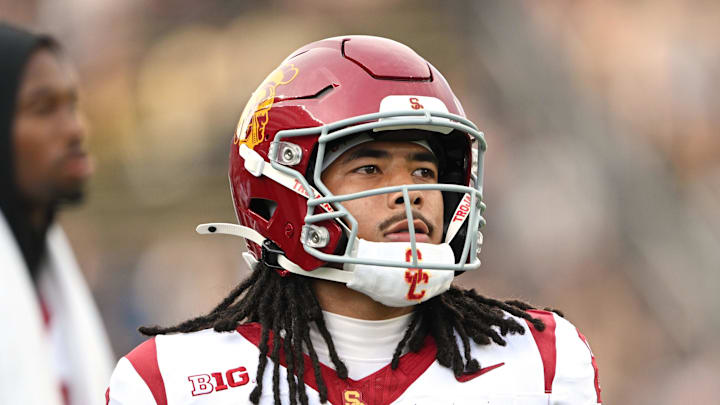Sep 13, 2025; West Lafayette, Indiana, USA; Southern California Trojans wide receiver Makai Lemon (6) warms up before the game against the Purdue Boilermakers at Ross-Ade Stadium. Mandatory Credit: Marc Lebryk-Imagn Images