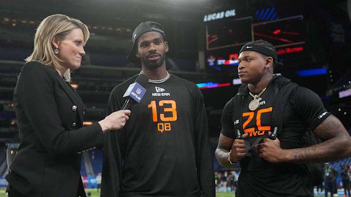 Mar 1, 2025; Indianapolis, IN, USA; NFL Network reporter Sracey Dales (left) interviews Colorado quarterback Shadeur Sanders (QB13) and Colorado wideout Jimmy Horn (WO20) during the 2025 NFL Scouting Combine at Lucas Oil Stadium. Mandatory Credit: Kirby Lee-Imagn Images
