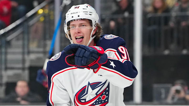 Jan 8, 2026; Las Vegas, Nevada, USA; Columbus Blue Jackets center Kent Johnson (91) celebrates after scoring a goal against the Vegas Golden Knights during the first period at T-Mobile Arena. Mandatory Credit: Stephen R. Sylvanie-Imagn Images Jan 8, 2026; Las Vegas, Nevada, USA; Columbus Blue Jackets center Kent Johnson (91) celebrates after scoring a goal against the Vegas Golden Knights during the first period at T-Mobile Arena. Mandatory Credit: Stephen R. Sylvanie-Imagn Images