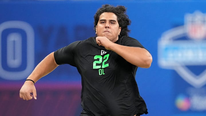 Mar 1, 2026; Indianapolis, IN, USA;  Utah offensive lineman Spencer Fano (OL22) during the NFL Scouting Combine at Lucas Oil Stadium. Mandatory Credit: Kirby Lee-Imagn Images