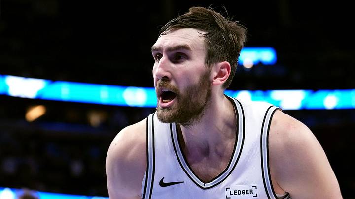 ORLANDO, FLORIDA - DECEMBER 03: Luke Kornet #7 of the San Antonio Spurs reacts after blocking a shot at the end of the fourth quarter against the Orlando Magic at Kia Center on December 03, 2025 in Orlando, Florida. NOTE TO USER: User expressly acknowledges and agrees that, by downloading and/or using this photograph, user is consenting to the terms and conditions of the Getty Images License Agreement. (Photo by Rich Storry/Getty Images)