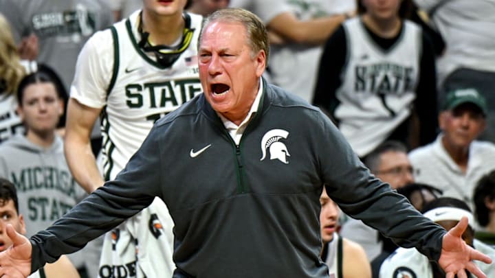 Michigan State's head coach Tom Izzo yells at a referee after a no call on Jaxon Kohler during the second half in the game against Monmouth on Monday, Nov. 4, 2024, at the Breslin Center in East Lansing.