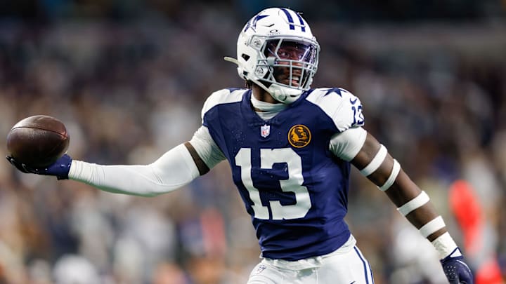 Dallas Cowboys linebacker DeMarvion Overshown intercepts a pass and returns it for a touchdown against the New York Giants