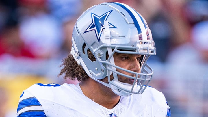 October 8, 2023; Santa Clara, California, USA; Dallas Cowboys offensive tackle Terence Steele (78) warms up before the game against the San Francisco 49ers at Levi's Stadium. Mandatory Credit: Kyle Terada-Imagn Images