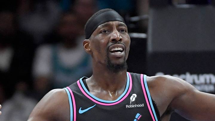 Mar 6, 2026; Charlotte, North Carolina, USA;  Miami Heat center Bam Adebayo (13) reacts after being called for a foul during the first half against the Charlotte Hornets at the Spectrum Center. Mandatory Credit: Sam Sharpe-Imagn Images.
