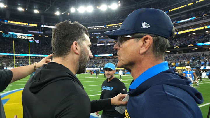 Dec 8, 2025; Inglewood, California, USA; Los Angeles Chargers head coach Jim Harbaugh and Philadelphia Eagles head coach Nick Sirianni shake hands after the game at SoFi Stadium. Mandatory Credit: Kirby Lee-Imagn Images Dec 8, 2025; Inglewood, California, USA; Los Angeles Chargers head coach Jim Harbaugh and Philadelphia Eagles head coach Nick Sirianni shake hands after the game at SoFi Stadium. Mandatory Credit: Kirby Lee-Imagn Images