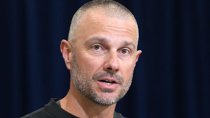 Feb 24, 2026; Indianapolis, IN, USA; Las Vegas Raiders general manager John Spytek speaks at the NFL Scouting Combine at the Indiana Convention Center. Mandatory Credit: Kirby Lee-Imagn Images