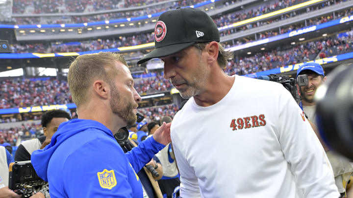 Sep 22, 2024; Inglewood, California, USA;  Los Angeles Rams head coach Sean McVay and San Francisco 49ers head coach Kyle Shanahan meet on the field following the game at SoFi Stadium. Mandatory Credit: Jayne Kamin-Oncea-Imagn Images