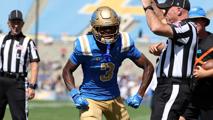Oct 4, 2025; Pasadena, California, USA; UCLA Bruins wide receiver Kwazi Gilmer (3) reacts after scoring a touchdown against Penn State Nittany Lions during the first quarter at Rose Bowl. Oct 4, 2025; Pasadena, California, USA; UCLA Bruins wide receiver Kwazi Gilmer (3) reacts after scoring a touchdown against Penn State Nittany Lions during the first quarter at Rose Bowl.