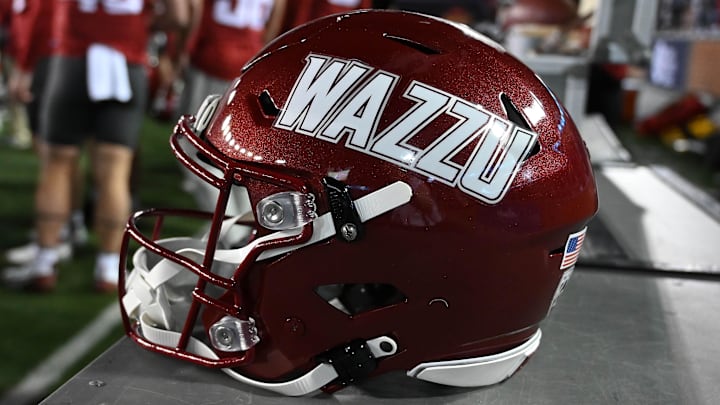 Sep 20, 2024; Pullman, Washington, USA; Washington State Cougars helmet sits during a game against the San Jose State Spartans in the first half at Gesa Field at Martin Stadium. Sep 20, 2024; Pullman, Washington, USA; Washington State Cougars helmet sits during a game against the San Jose State Spartans in the first half at Gesa Field at Martin Stadium.