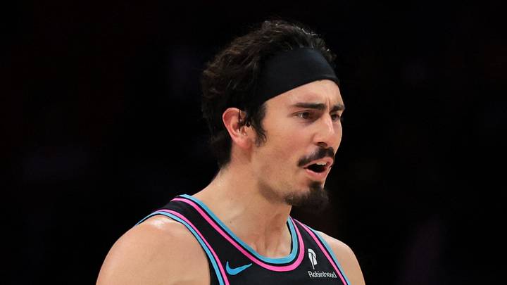 Miami Heat forward Jaime Jaquez Jr. (11) reacts after scoring against the Philadelphia 76ers during the fourth quarter at Kaseya Center on Mar 30, 2026.