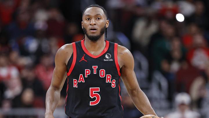 Feb 19, 2026; Chicago, Illinois, USA; Toronto Raptors guard Immanuel Quickley (5) brings the ball up court against the Chicago Bulls during the first half at United Center. Mandatory Credit: Kamil Krzaczynski-Imagn Images