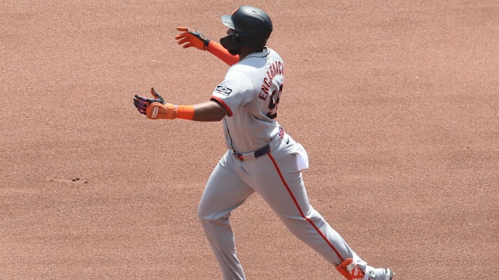 Aug 6, 2025; Pittsburgh, Pennsylvania, USA;  San Francisco Giants right fielder Jerar Encarnacion  (59) circles the bases on a solo home run against the Pittsburgh Pirates during the fifth inning at PNC Park. 