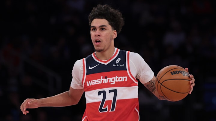 Oct 13, 2025; New York, New York, USA; Washington Wizards forward Will Riley (27) dribbles up court during the second half against the New York Knicks at Madison Square Garden. Mandatory Credit: Vincent Carchietta-Imagn Images