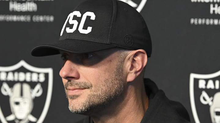 Apr 25, 2025; Henderson, NV, USA; (L-R) Las Vegas Raiders general manager John Spytek during a news conference introducing Ashton Jeanty as the first round draft pick in the 2025 NFL Draft at Intermountain Health Performance Center. Mandatory Credit: Candice Ward-Imagn Images