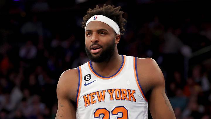 Jan 4, 2023; New York, New York, USA; New York Knicks center Mitchell Robinson (23) reacts after being called for a foul during the second quarter against the San Antonio Spurs at Madison Square Garden. Mandatory Credit: Brad Penner-Imagn Images