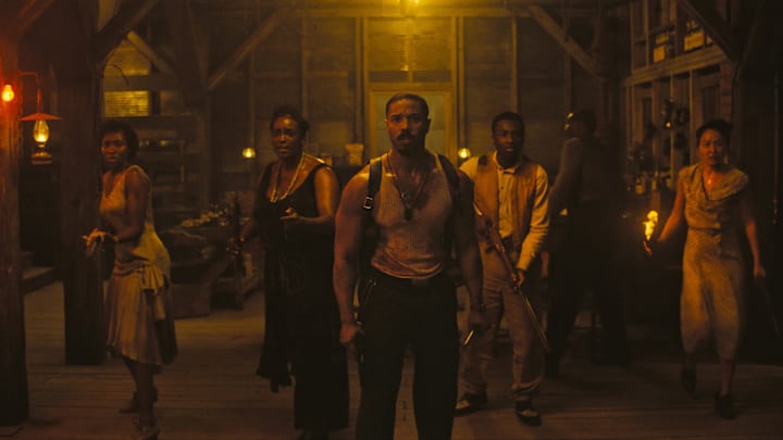 (L-R) JAYME LAWSON as Pearline, WUNMI MOSAKU as Annie, MICHAEL B. JORDAN as Smoke, MILES CATON as Sammie Moore, and LI JUN LI as Grace Chow in Sinners