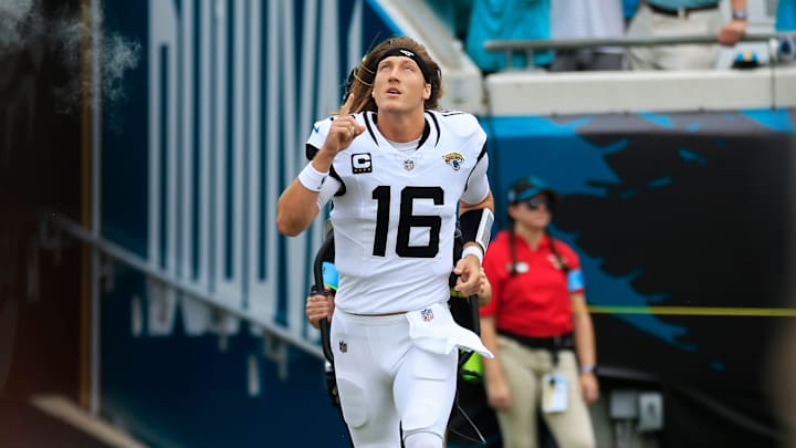 Jacksonville Jaguars quarterback Trevor Lawrence (16) is introduced before an NFL football matchup Sunday, Sept. 15, 2024 at EverBank Stadium in Jacksonville, Fla. The Browns defeated the Jaguars 18-13. [Corey Perrine/Florida Times-Union]