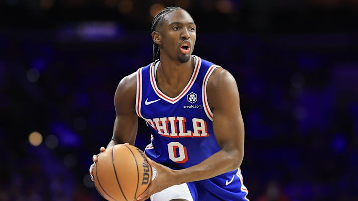 Feb 24, 2025; Philadelphia, Pennsylvania, USA; Philadelphia 76ers guard Tyrese Maxey (0) controls the ball during the first quarter against the Chicago Bulls at Wells Fargo Center. Mandatory Credit: Bill Streicher-Imagn Images