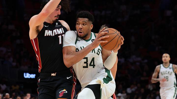 Mar 12, 2026; Miami, Florida, USA; Milwaukee Bucks forward Giannis Antetokounmpo (34) drives to the basket against Miami Heat forward Jaime Jaquez Jr. (11) during the second quarter at Kaseya Center. Mandatory Credit: Sam Navarro-Imagn Images Mar 12, 2026; Miami, Florida, USA; Milwaukee Bucks forward Giannis Antetokounmpo (34) drives to the basket against Miami Heat forward Jaime Jaquez Jr. (11) during the second quarter at Kaseya Center. Mandatory Credit: Sam Navarro-Imagn Images