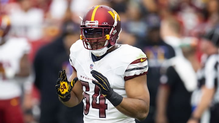 Sep 29, 2024; Glendale, Arizona, USA; Washington Commanders linebacker Bobby Wagner (54) against the Arizona Cardinals at State Farm Stadium. Mandatory Credit: Mark J. Rebilas-Imagn Images
