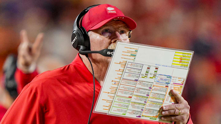 Dec 25, 2025; Kansas City, Missouri, USA; Kansas City Chiefs coach Andy Reid during the fourth quarter at GEHA Field at Arrowhead Stadium. Mandatory Credit: Jay Biggerstaff-Imagn Images