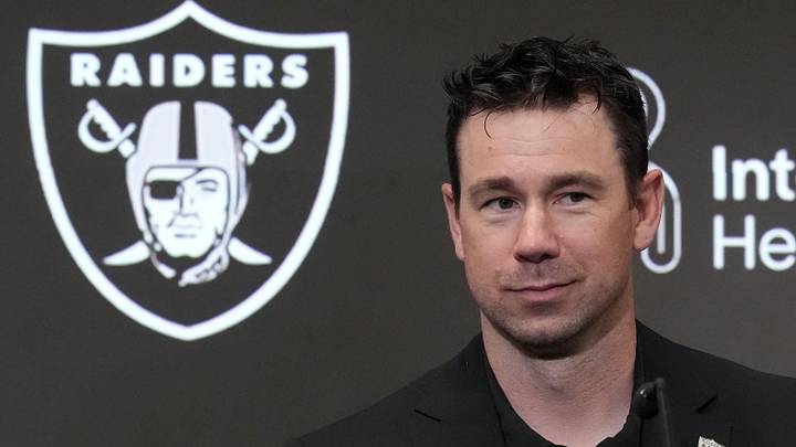 Apr 24, 2026; Henderson, NV, USA; Las Vegas Raiders coach Klint Kubiak at press conference at Intermountain Health Performance Center. Mandatory Credit: Kirby Lee-Imagn Images