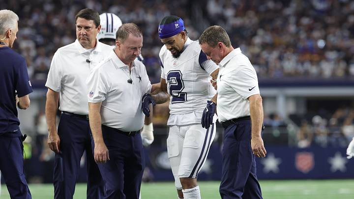 Dallas Cowboys cornerback Cobie Durant (2) walks off the field with an apparent injury against the Washington Commanders during the second half at AT&T Stadium. Dallas Cowboys cornerback Cobie Durant (2) walks off the field with an apparent injury against the Washington Commanders during the second half at AT&T Stadium.