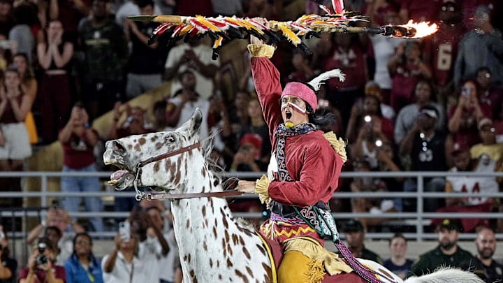 Sep 9, 2023; Tallahassee, Florida, USA; Florida State Seminoles symbols Chief Osceola and Renegade take the field during the game against the Southern Miss Golden Eagles at Doak S. Campbell Stadium. Mandatory Credit: Melina Myers-Imagn Images