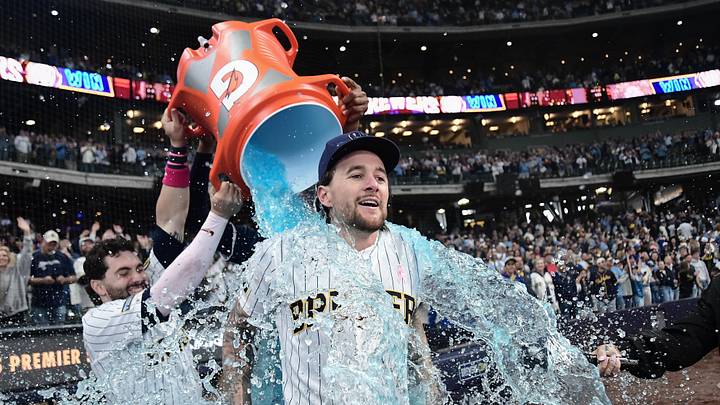 May 10, 2026; Milwaukee, Wisconsin, USA; Milwaukee Brewers second baseman Brice Turang (2) is dunked after hitting a game-winning home run in the ninth inning against the New York Yankees at American Family Field. Mandatory Credit: Benny Sieu-Imagn Images May 10, 2026; Milwaukee, Wisconsin, USA; Milwaukee Brewers second baseman Brice Turang (2) is dunked after hitting a game-winning home run in the ninth inning against the New York Yankees at American Family Field. Mandatory Credit: Benny Sieu-Imagn Images