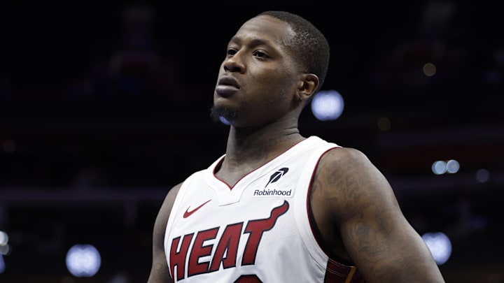 Nov 12, 2024; Detroit, Michigan, USA;  Miami Heat guard Terry Rozier (2) walks off the court after the game against the Detroit Pistons at Little Caesars Arena. Mandatory Credit: Rick Osentoski-Imagn Images