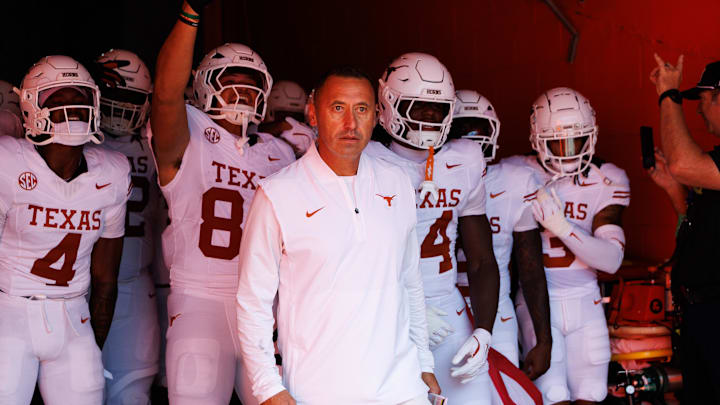 Texas Longhorns head coach Steve Sarkisian leads the team out of the tunnel before a game against the Florida Gators at Ben Hill Griffin Stadium. Texas Longhorns head coach Steve Sarkisian leads the team out of the tunnel before a game against the Florida Gators at Ben Hill Griffin Stadium.