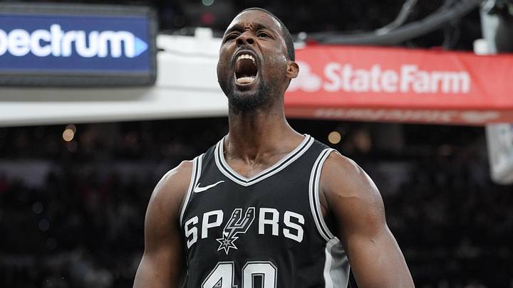 Nov 23, 2024; San Antonio, Texas, USA;  San Antonio Spurs forward Harrison Barnes (40) celebrates in the second half against the Golden State Warriors at Frost Bank Center. Mandatory Credit: Daniel Dunn-Imagn Images