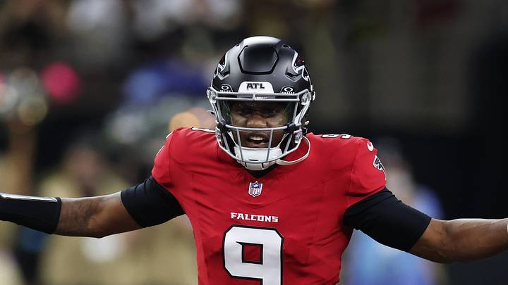 Oct 5, 2026; New Orleans, Louisiana, USA;  Atlanta Falcons quarterback Michael Penix Jr. (9) calls a play during the first half against the New Orleans Saints at Caesars Superdome.  Mandatory Credit: Stephen Lew-Imagn Images