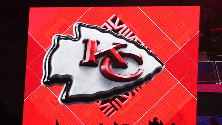 Feb 5, 2024; Las Vegas, NV, USA; Kansas City Chiefs logos on display during Super Bowl LVIII Opening Night at Allegiant Stadium. Mandatory Credit: Kirby Lee-Imagn Images
