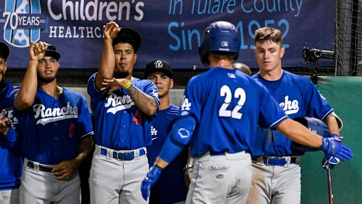 Teammates celebrate Rancho Cucamonga's Damon Keith's home run against Visalia Rawhide on Friday, April 8 on Opening Night at Valley Strong Stadium.