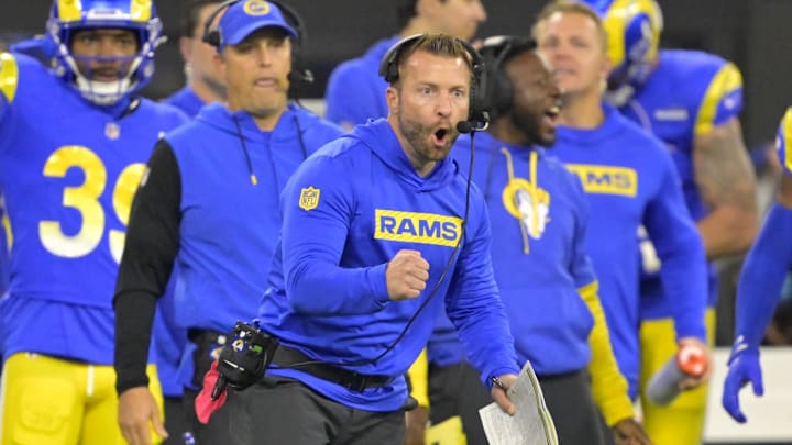 Dec 28, 2024; Inglewood, California, USA;  Los Angeles Rams head coach Sean McVay reacts after a play in the first half against the Arizona Cardinals at SoFi Stadium. Mandatory Credit: Jayne Kamin-Oncea-Imagn Images